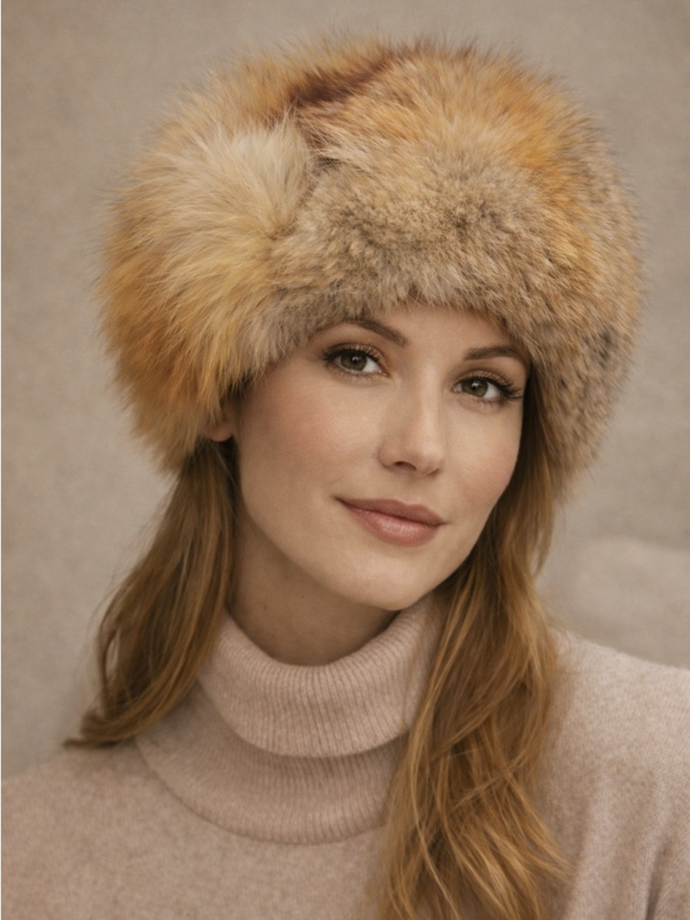 Luxury Fox Fur Russian-Style Hat in Golden Brown